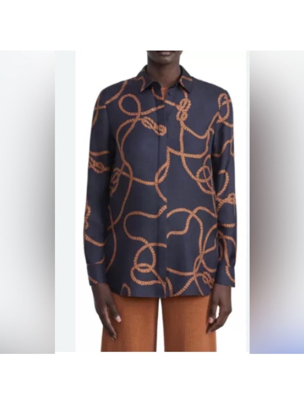 Lafayette 148 New York Navy Button-Front Shirt with Tan Rope Print silk